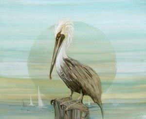 On the Doc of the Bay giclee limited edition print on canvas by P Buckley Moss features a pelican roosting by the water with sail boats in the distance. Soft colors of Aqua, green, moss, blue and gray highlight this piece.