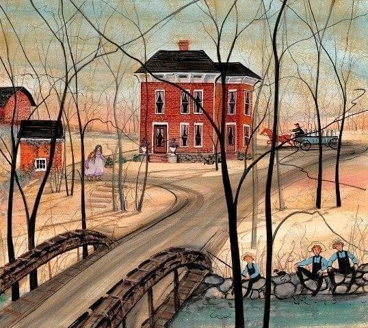 Our Farm on Old Town Run Signed and numbered, limited edition art print by American artist P Buckley Moss at Canada Goose Gallery in Waynesville, Ohio. Our Farm Old Town Run is a signed and number limited edition print by P Buckley Moss of an historic farm in Xenia Ohio