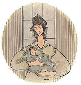 Our Miracle limited edition print by P Buckley Moss features mother and baby in shades of earth tones, tan and blue.