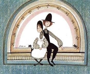 Promised, rare, signed and numbered, limited edition print by P Buckley Moss at Canada Goose Gallery in Waynesville, Ohio Promised is a very rare limited edition print in mint condition of a young couple sitting on a bench with their tiny black cat at their sides. Moss typical arched background in shades of blue-green and tan.