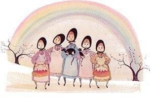 Rainbow Girls Signed and numbered, limited edition art print by American artist P Buckley Moss features five young girls together with different color dresses, a rainbow behind them with baskets of apples and one black cat.