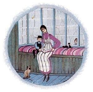 Reading Lessons For a Brighter Tomorrow is a limited edition print by P Buckley Moss featuring mother and small boy with girl watching through window and cats seem interested as well.