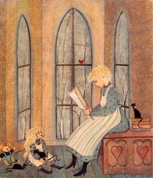 A Reading Nook limited edition print by P Buckley Moss features a teacher or mother reading to a child with toys there but forgotten while stories are being read.