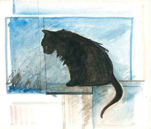 Realistic black cat print by P Buckley Moss, artist.