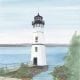 Rock Island Light limited edition print by P Buckley Moss features the lighthouse in white, gray and black with cool blue waters and greenery in the foregrounc.