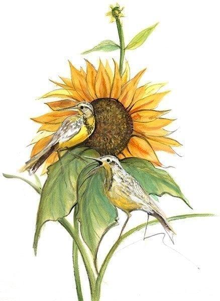 Song-of-the-Sunflower-limited-edition-artist-proof-wall-art-print-P-Buckley-Moss-highlights-shades-of-green-yellows-tangerine-tones-with-white-gray-rust-browns.