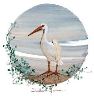 Southern Gentleman limited edition print by P Buckley Moss features a beach with white bird with background shades of blues, gray, peach plus some greenery and earth tones in the sand.
