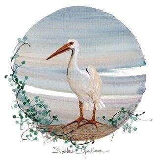 Southern Gentleman limited edition print by P Buckley Moss features a beach with white bird with background shades of blues, gray, peach plus some greenery and earth tones in the sand.