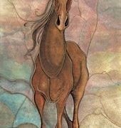 Spirit of Freedom is a limited edition print by P Buckley Moss with colorful pastel background of turquoise, lemon yellows and corals. Stately horse ih shades of tans and browns.