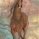 Spirit of Freedom is a limited edition print by P Buckley Moss with colorful pastel background of turquoise, lemon yellows and corals. Stately horse ih shades of tans and browns.