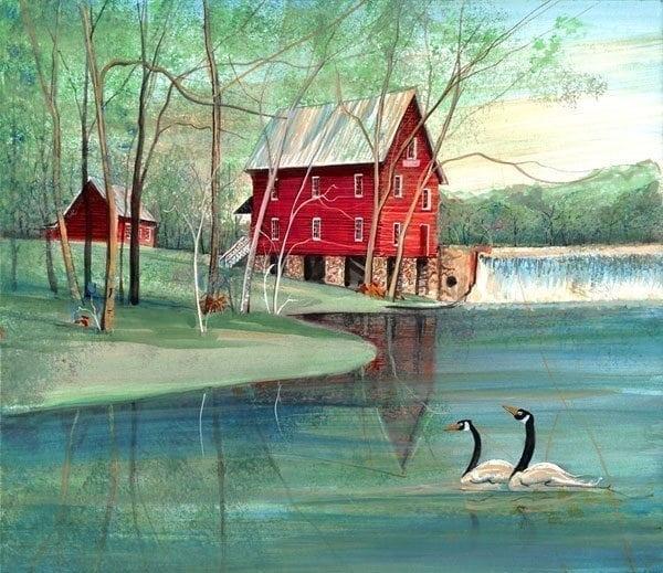 Starr’s Mill signed and numbered limited edition print by American artist P Buckley Moss at Canada Goose Gallery in Waynesville, Ohio. Starr's Mill limited edition print by P Buckley Moss features the mill in bold colors of greens and reds with an aqua and white sky.