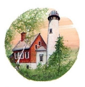 St Helena Lighthouse limited edition print by P Buckley Moss feature a peach colored sky background with a red brick and white lighthouse. Greenery in the foreground.