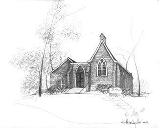 St Mary’s Waynesville signed and numbered, limited edition art print by American artist P Buckley Moss at Canada Goose Gallery in Waynesville, Ohio. St Mary's church in Waynesville Ohio has been captured in this pencil sketch by P Buckley moss