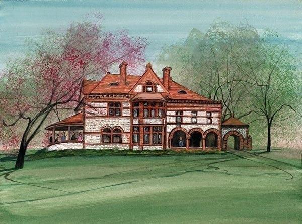 Summer At The Mansion signed and numbered, limited edition art print by American artist P Buckley Moss at Canada Goose Gallery in Waynesville, Ohio. Summer at the Mansion by P Buckley Moss features the Richard, Raff & Dunbar Funeral Home in Springfield, Ohio