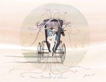 Sunset Of Love rare, signed and numbered, limited edition print by P Buckley Moss at Canada Goose Gallery in Waynesville, Ohio Sunset of Love limited edition print by P Buckley Moss features a wedding couple in a buggy. Soft colors of peach.