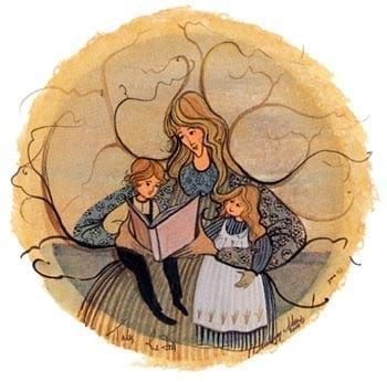 Tales Retold limited edition print by P Buckley Moss features a mother with two children, boy and girl, reading a book. Golden background with trees of learning.