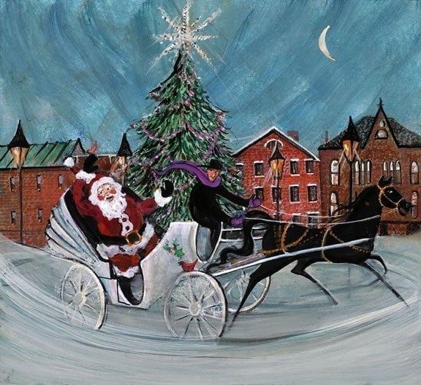 The Tree Lighting Signed and numbered, limited edition art print by American artist P Buckley Moss at Canada Goose Gallery in Waynesville, Ohio.-Christmas