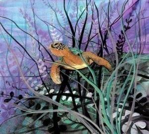 Under the Sea limited edition print by P Buckley Moss features the under water adventures of the sea turtle. Radiant colors of greens, light and darker purple, rusts, tans and black.