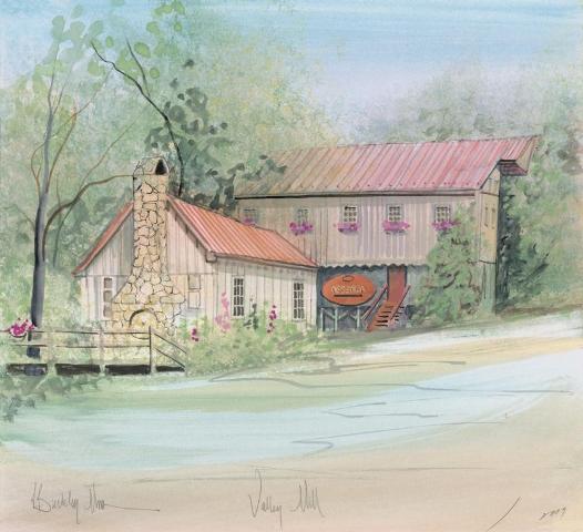 Valley Mill Valley Mill limited edition print by P Buckley Moss features the mill near Steeles Tavern in Virginia. Soft colors of blue, green and rose.