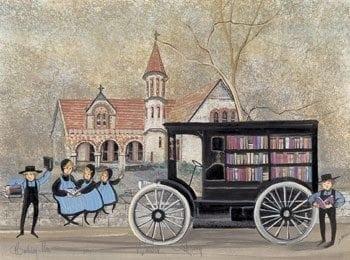 The Warder Library rare, signed and numbered, limited edition art print by American artist P Buckley Moss at Canada Goose Gallery in Waynesville, Ohio. Warder Library is the subject of this artwork. Historic building in downtown Springfield Ohio