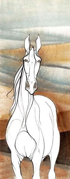White Majesty limited edition print by P Buckley Moss at Canada Goose Gallery in Waynesville, Ohio White Majesty limited edition print by P Buckley Moss features a pure white horse standing against a background of rust, cream and various shades from light to darker teal tones.