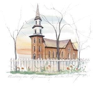Williamsburg, Bruton Parish is a limited edition print by P Buckley Moss. Light rust colored church with greenery and Spring colored flowers around a white picket fence. Faint colors of blue, yellow, peach and rust in the background.