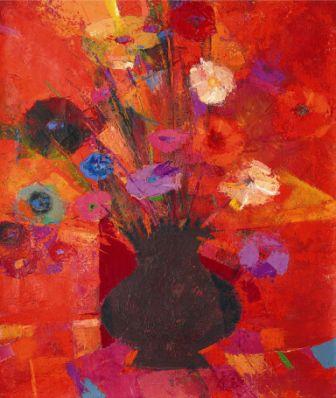 Limited edition print on canvas by P Buckley Moss. Rich red background with black pot of different colored flowers