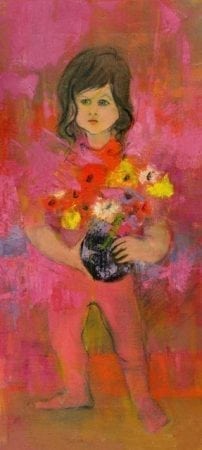 Small girl child limited edition giclee print on canvas. Girl holding a pot of colorful flowers in a dark pot with lots of reds in the background.