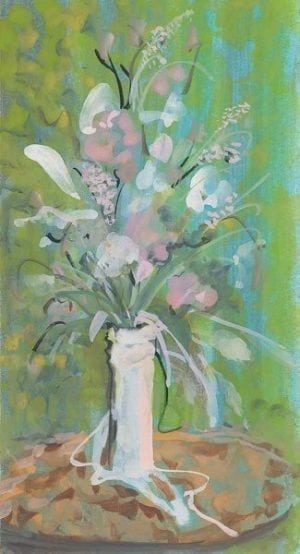 Flowers From My Heart by P Buckley Moss features a white vase with a spray of flowers. Green background makes the arrangement of flowers pop.
