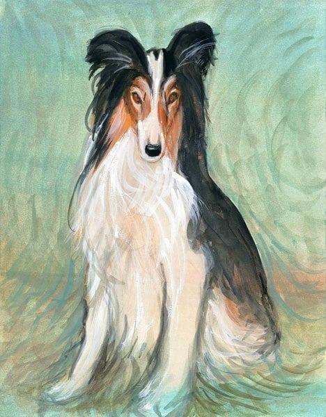 Friend For Life Limited edition print by P Buckley Moss features a life like dog in shades of white, black brown and rust against a background of greens, tans and a splash of aqua.