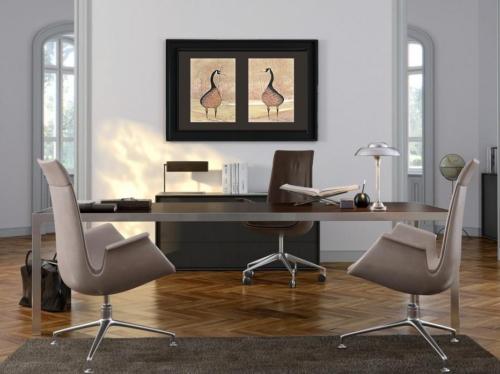 How to use art men would appreciate in their office spaces. Geese in earth tones, golds and a blush of rose