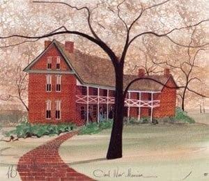 Civil War Mansion signed and numbered limited edition print by American artist P Buckley Moss at Canada Goose Gallery in Waynesville, Ohio. Civil War Mansion by P Buckley Moss features Oliver Anderson House which was built in 1853 by successful hemp and cotton manufacturer Oliver Anderson of Nicholasville, Kentucky. Colors of burgundy, greens, rust, peach, cream, black and grays.