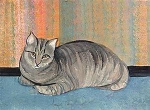 Purrfect Tabby limited edition print by P Buckley Moss features a laid back plump cat in grays and white on a blanket of blue with a backdrop of lemon yellow, coral, light and darker aqua curtain with black horizontal line.