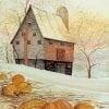 Harvest Morn limited edition print by P Buckley Moss features a wonderful country barn and silo and a foreground of pumpkins. Autumn colors of browns, cream, light orange and tans.