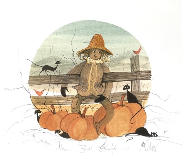 Fall Friends limited edition print by P Buckley Moss features a scarecrow with Pumpkins