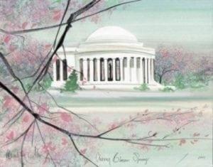 Cherry Blossom Spring limited edition print by P Buckley Moss features the Jefferson Memorial in colors of soft green, pink, white, black and aqua.