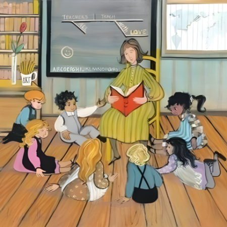 A Noble Profession features a teacher reading to a group of children. Colorful art print.