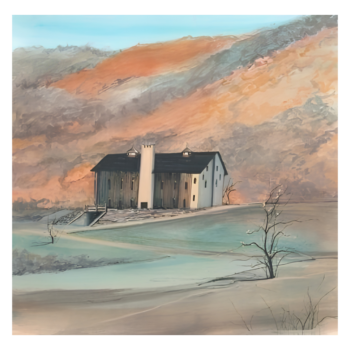 On Crooked River by P. Buckley Moss depicting the Lodge at Crooked River against autumn mountains in Virginia.