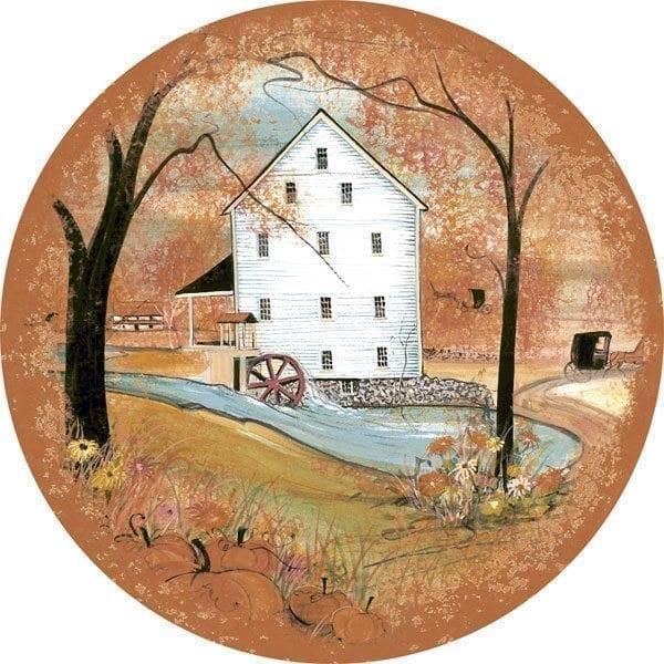 Autumn at Silver Lake Mill ornament by P Buckley Moss features the mill in vibrant colors of orange, rust, yellow, soft blues and white.