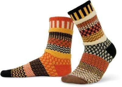 Solmate Socks in the scarecrow colors and pattern. Each piece a little mismatched forr fun. Life's too short for matching socks.
