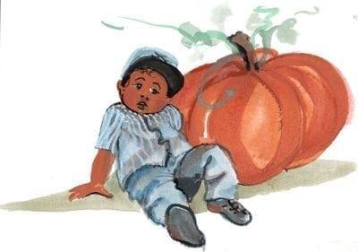 Our Little Pumpkin Limited edition print by American artist P Buckley Moss at Canada Goose Gallery in Waynesville, Ohio. pbuckleymoss-imited-edition-boy-prints-pumpkin