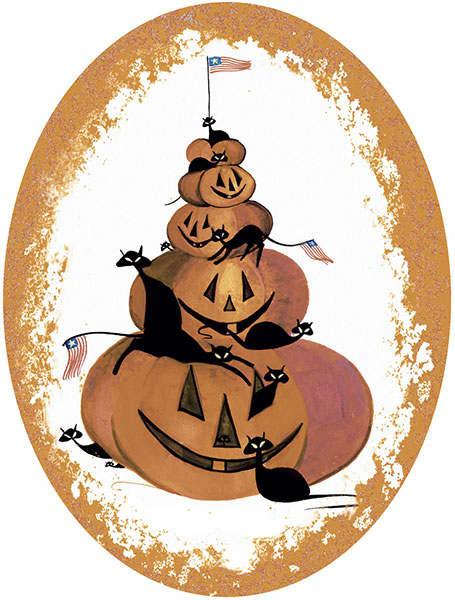 Patriot Pumpkin Stack limited edition Porcelain ornament by American artist P Buckley Moss at Canada Goose Gallery in Waynesville, Ohio pbuckleymoss-ornament-limitededition-Halloween