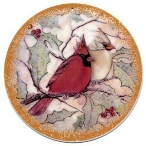 Winter Together Porcelain Ornament with male and female cardinals together on a branch. Feeling of Love.