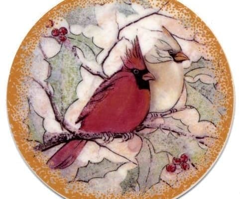 Winter Together Porcelain Ornament with male and female cardinals together on a branch. Feeling of Love.