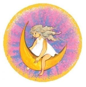 P Buckley Moss Moon Beam Ornament with child sitting on the moon with Pink and blue background.