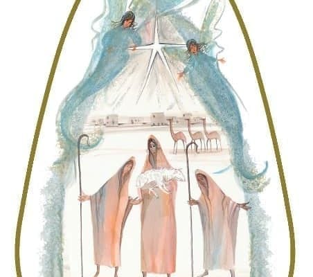 O Holy NIght porcelain ornament by P Buckley Moss. Shepherds with lamb.