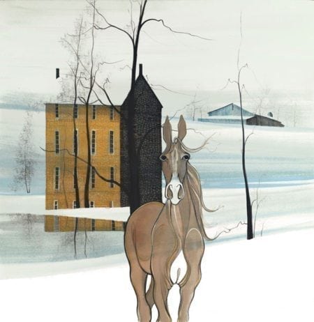 Reflections of the Soul by P Buckley Moss features a camel and tan colored horse with background of soft aqua and white. Three story house in shades of rust and brown.
