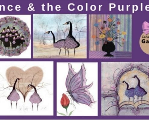 Limited edition prints by P Buckley Moss that group together all featuring the color purple. Wall art collectable art.