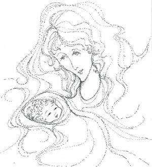 Artistic sketch which looks like it was created basically from connecting the dots. Only a true artist couple pull this off. Black and White dotted sketch of mother and baby child.