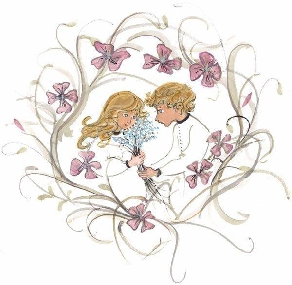 Love Blooms limited edition print of two children in a wreath of flowers. Feeling of love, great idea for Valentine day gift. Two in love with wreath of flowers in lavender, earth tones and a touch of blue.